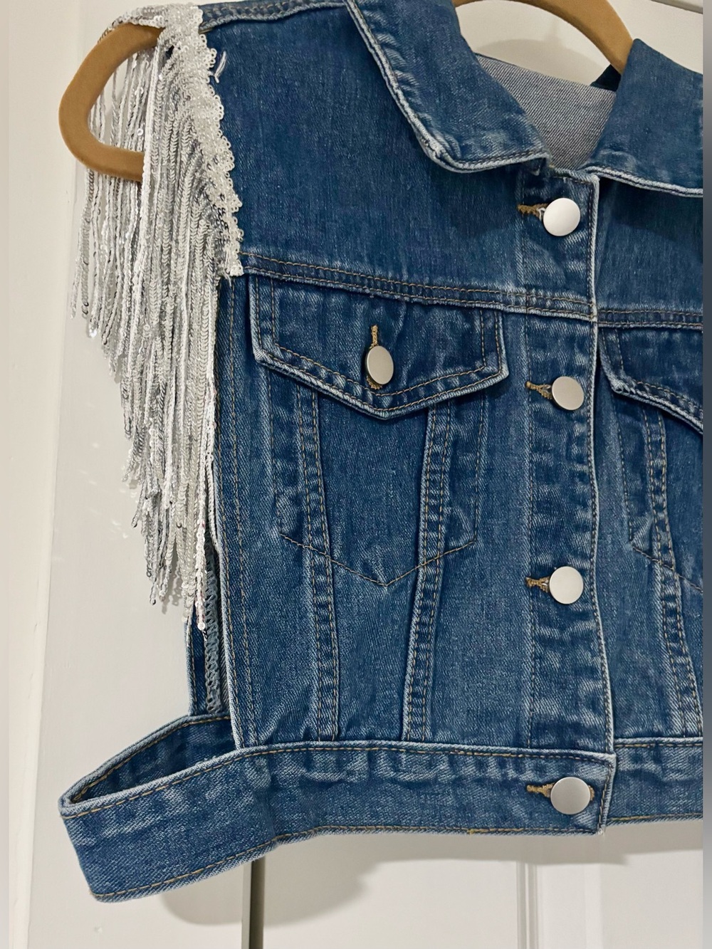 Denim Vest with Silver Sequin Trim